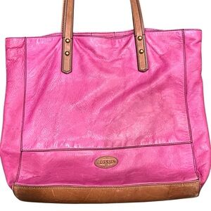 Fossil Pink Leather Tote Purse Shoulder Bag Tan Straps Shopper